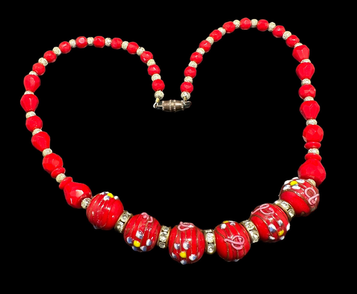 Vintage Murano Italy RED WEDDING CAKE Venetian Art Glass Bead Necklace 17.5 in