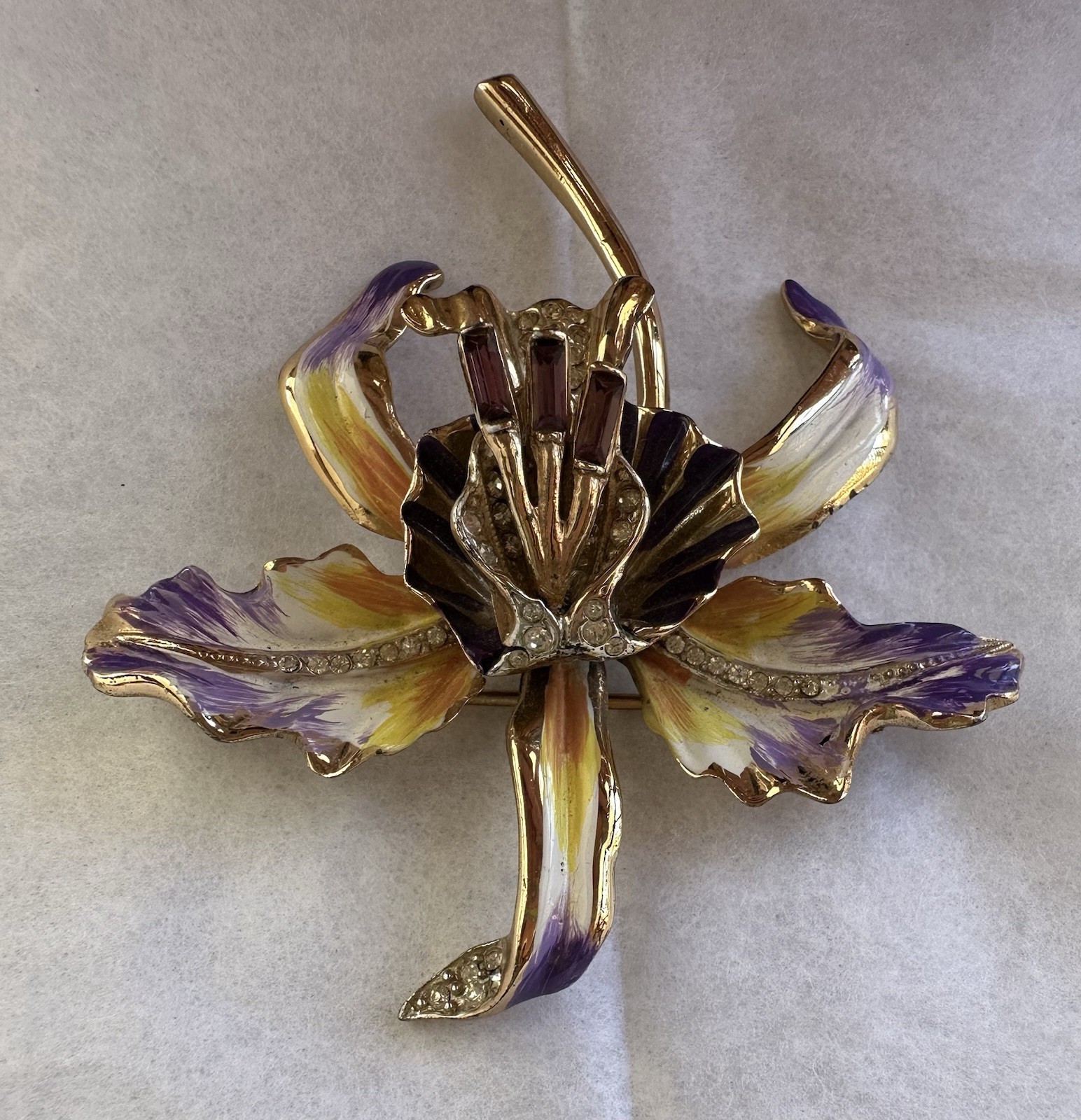 Coro Craft Vintage Pin Orchid Purple & Yellow Enamel Leaves Rhinestone Sterling