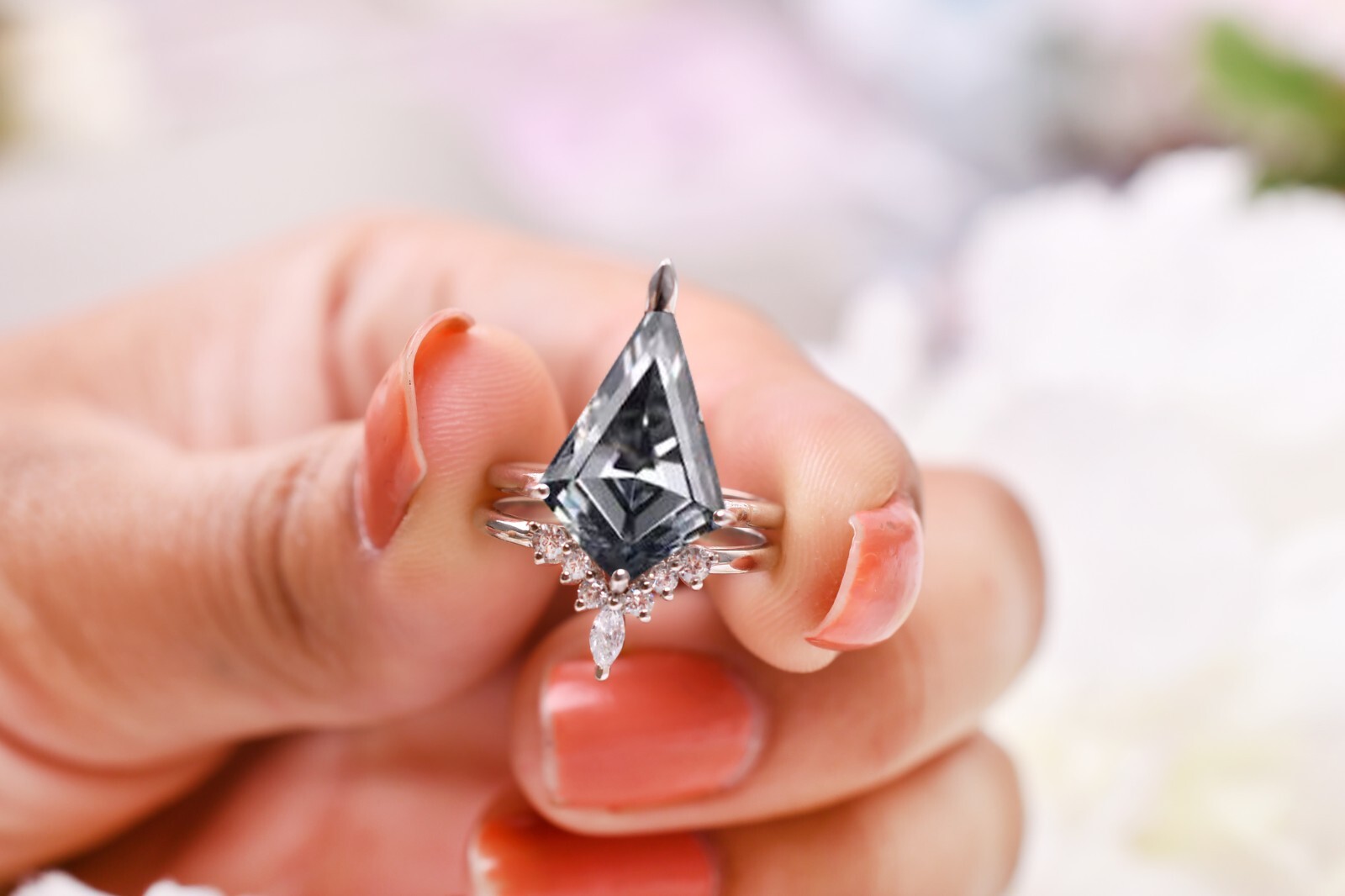 Kite 12X7MM Grey Diamond Engagement Ring Sets Kite Shaped Diamond Wedding Rings
