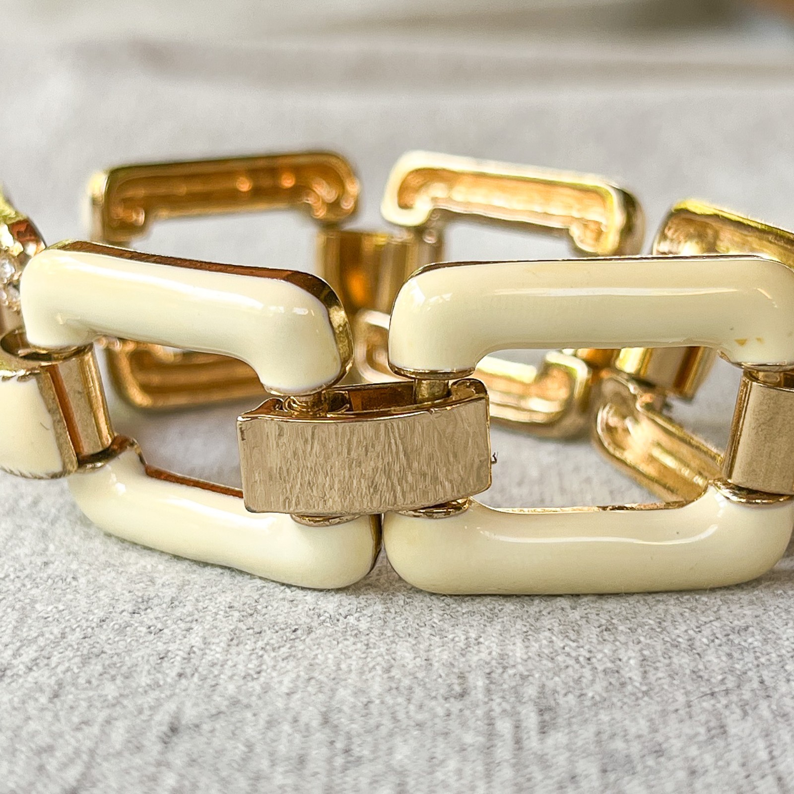 Vintage Ivory Enamel Gold Tone Link Bracelet Rhinestone Statement Chunky Deco