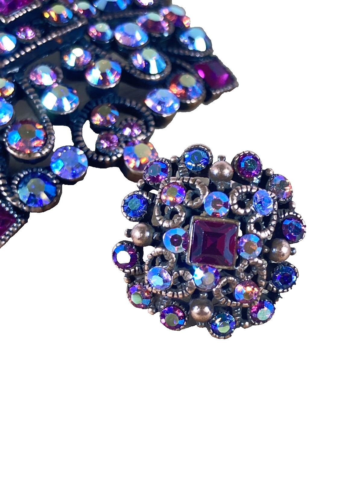 Joan Rivers Signed Square Bronze Magenta Blue Pink Rhinestone Brooch Earrings