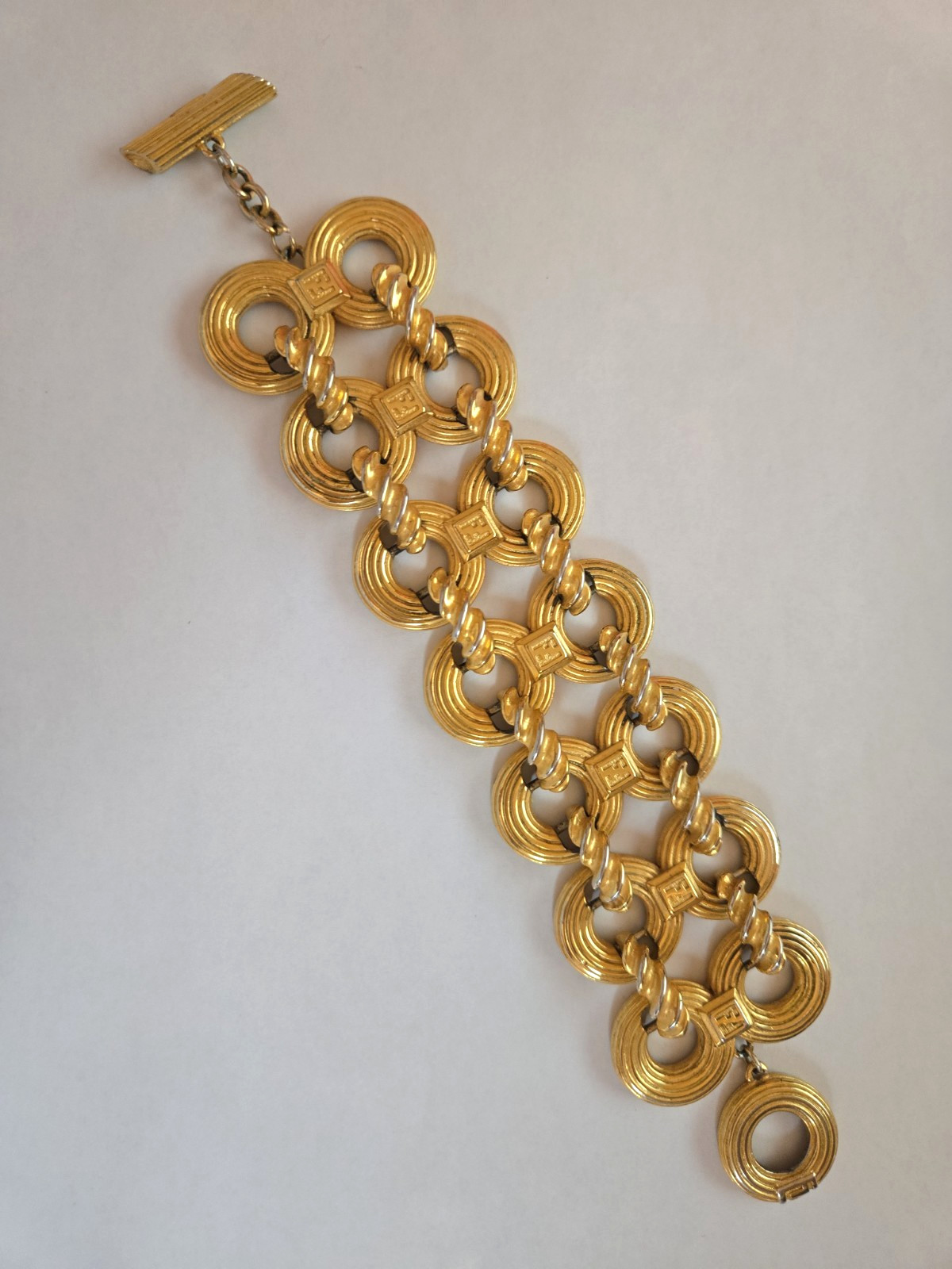 Vintage FENDI Wide Two Row Gold Plate Bracelet 8″ Length Signed 80s