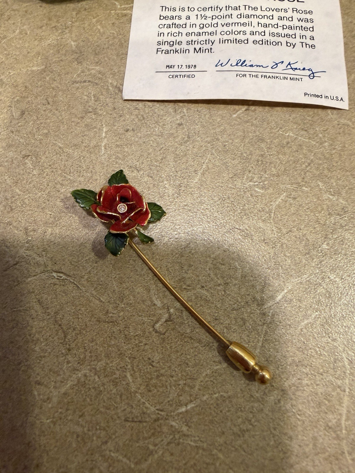 Vintage 1978 Franklin Mint The Lovers Rose Diamond Enamel Gold Vermeil Stick Pin