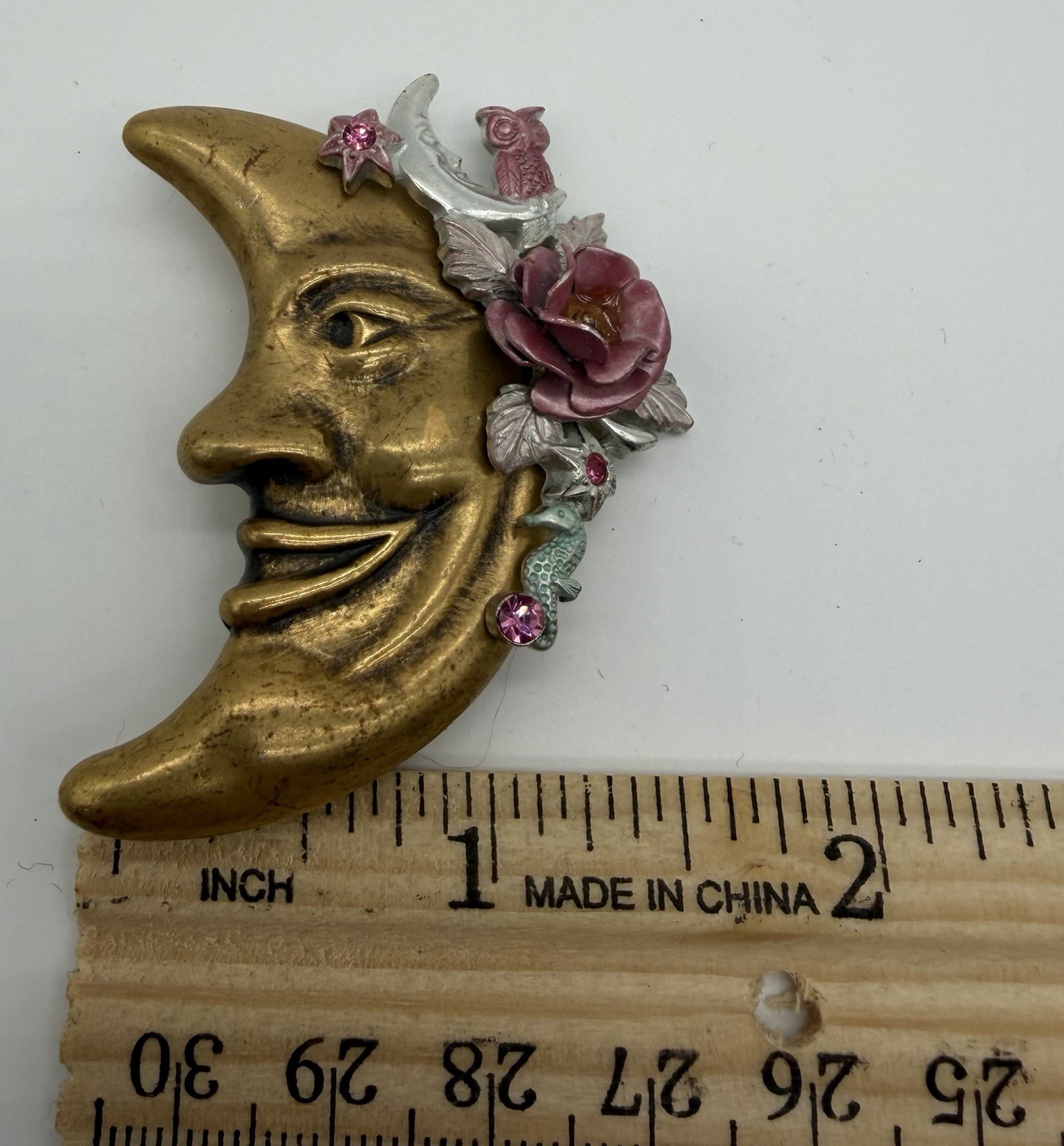 Vintage Crescent Moon Face Brooch Pink Rhinestones Owl Rose Seahorse Whimsical