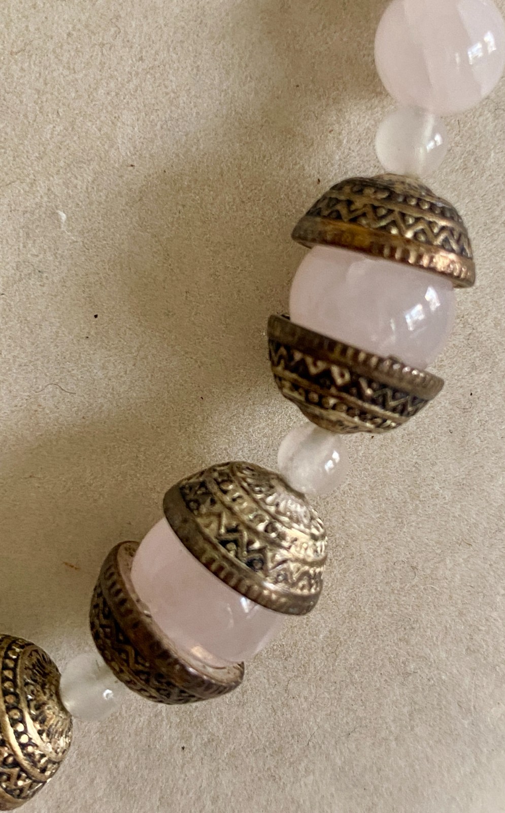Vintage Estate Rose Quartz Beaded Necklace with Detailed Bronze Tone Spacers