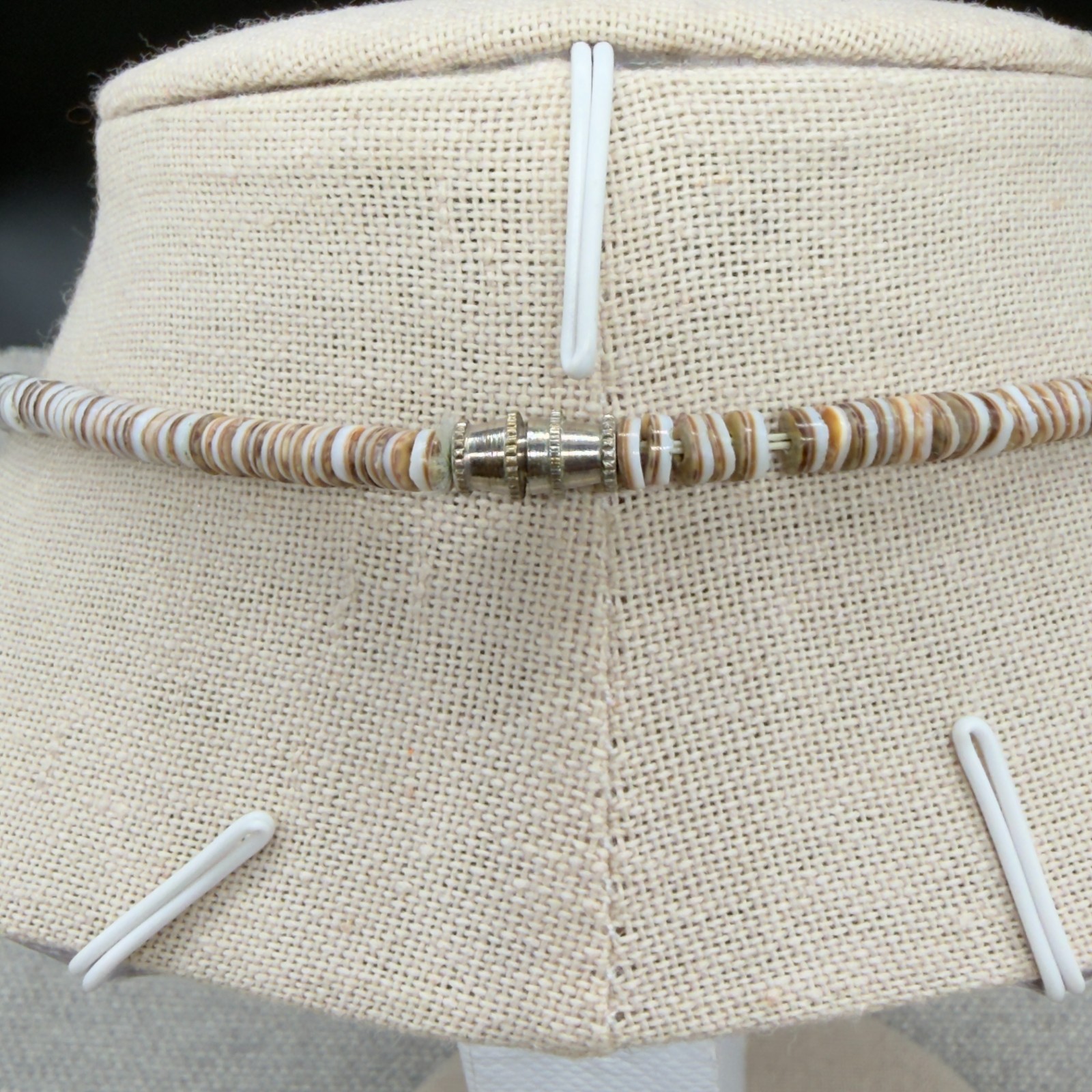 Vintage Heishi Necklace Brown White Shells Graduated Beads 15 Inches Surf Choker