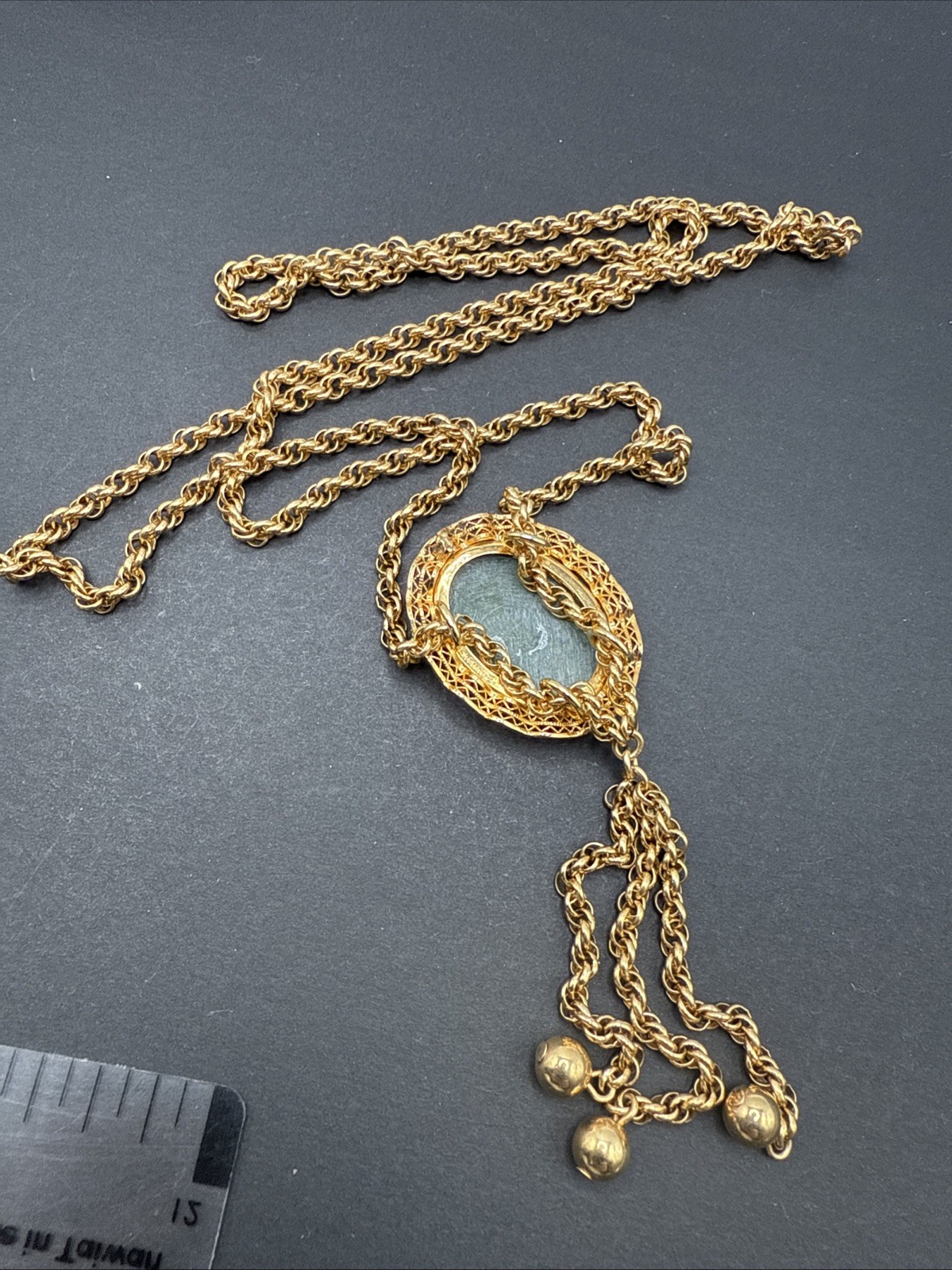 Vintage 1/20 12k Gold Filled Filigree Jade Slide Tassel Pendant Necklace 25g J13