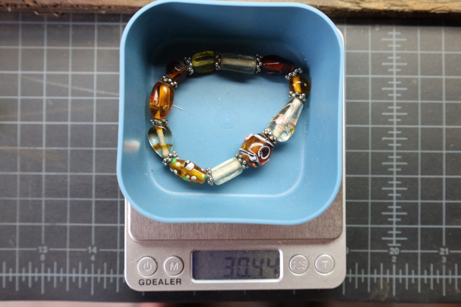 Vintage Lampwork Art Glass Bead Bracelet Amber Millefiori Stretch Boho Statement
