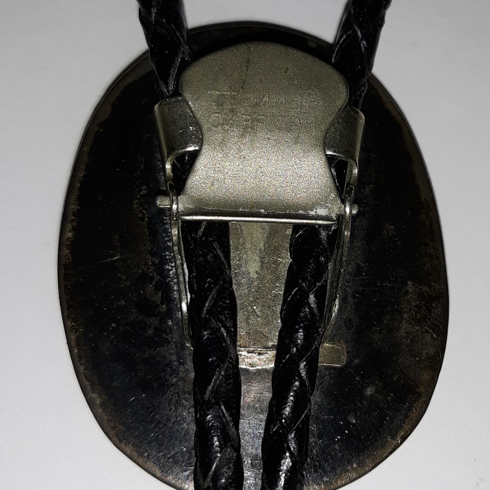 Vtg Bennett Pat Pend Bolo Tie Slide Turquoise Silver Black Leather Cord L 18″