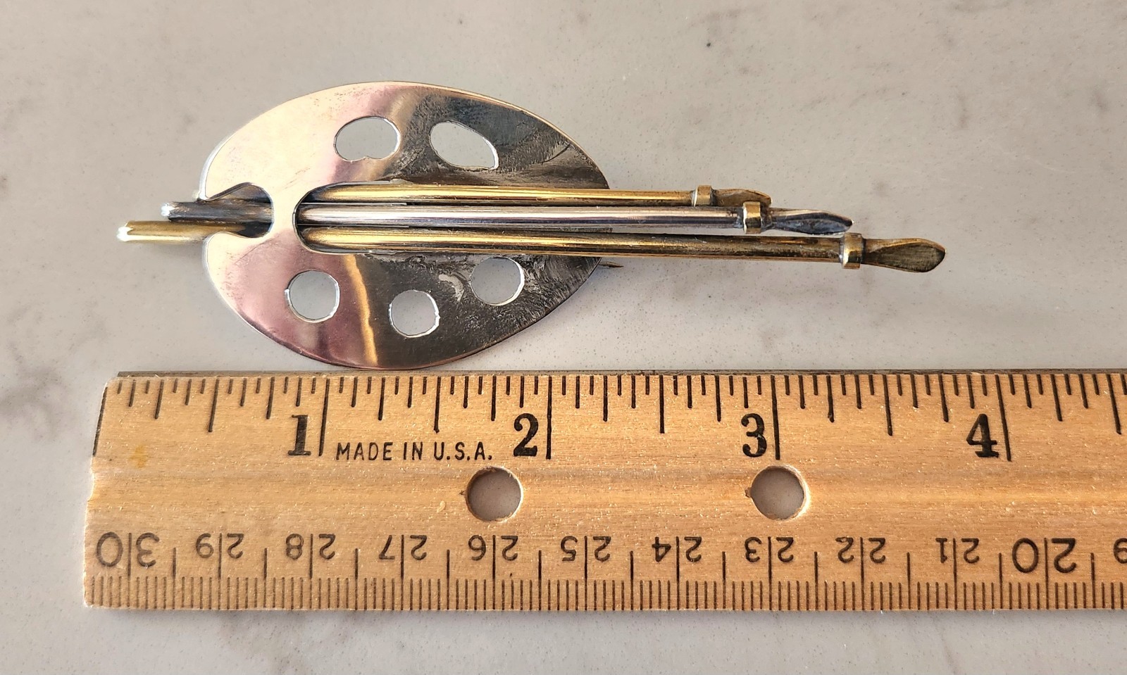 Taxco Sterling Silver Artist’s Palette with Brass & Silver Brushes Vintage