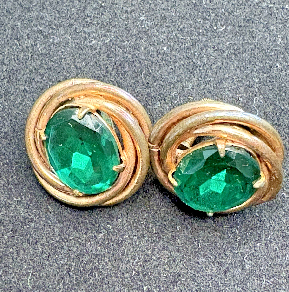 Vintage Green Rhinestone and Gold Tone Knot Screw Back Earrings ~ FREE Shipping