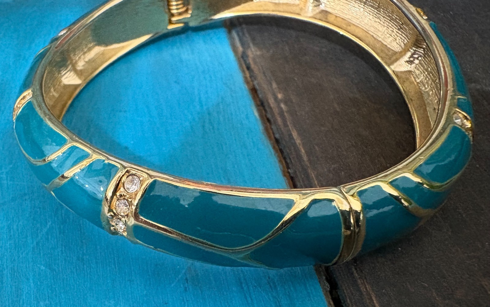 Vintage “Perfect Wave” azure blue enamel and crystal hinged bangle gold tone