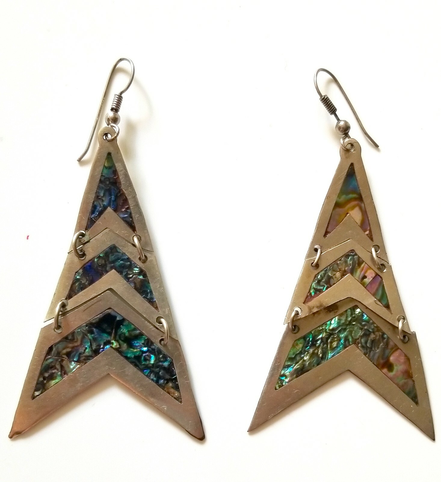 Vintage 80’s New Mexico 3 tiered triangular Silver Earrings Paua Abalone Shell 