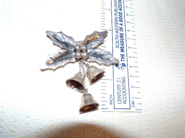 Vtg Taxco Mexico Ster Silver 925 Christmas Holly Bells Signed Pin Brooch 21.4g