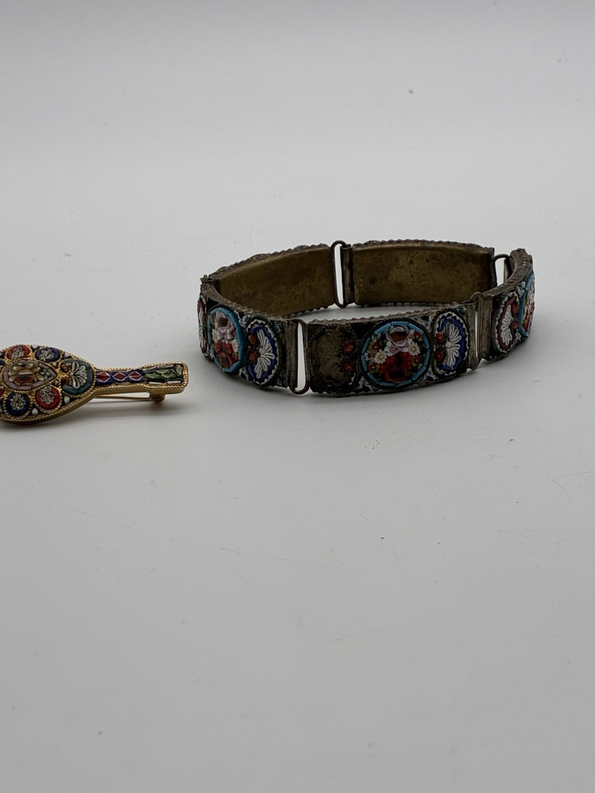 Vintage Micro Mosaic Wildflower Italian Brass Panel Bracelet 8” & Pin Read Desc.