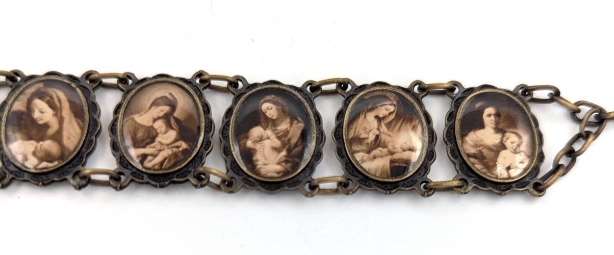 Vintage Religious Panel Link Bracelet Madonna & Child Sepia Mother & Baby