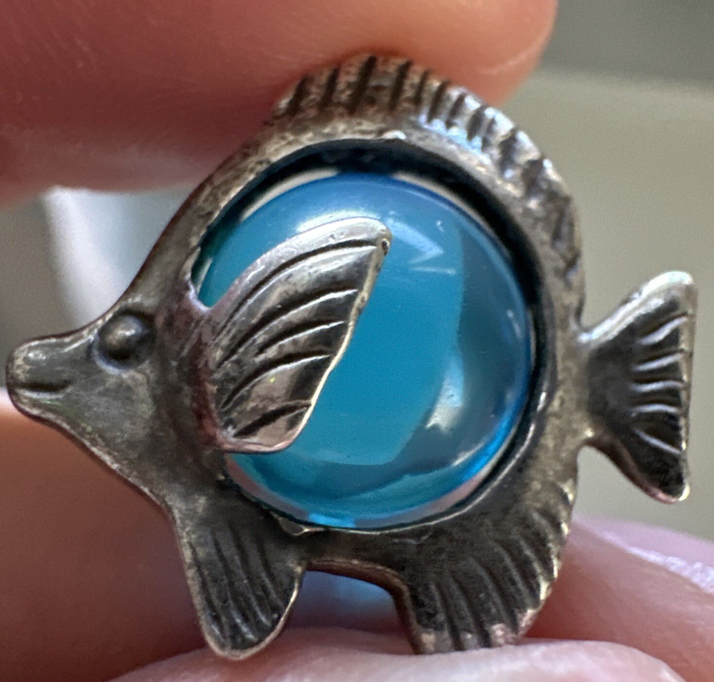 🐠Cute!! Blue Glass Vintage Angelfish Slide Pendant 925 Sterling Silver