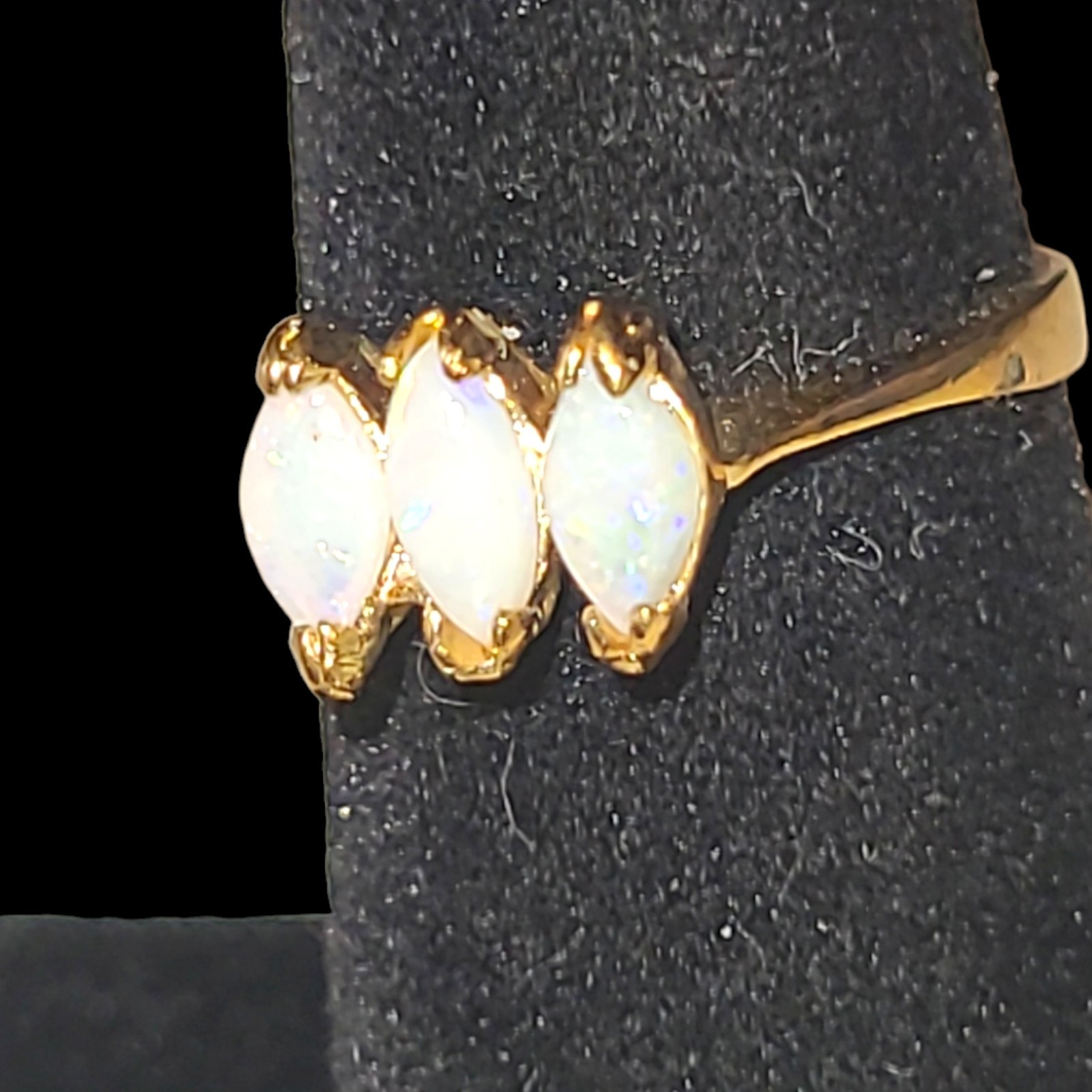Vintage 18K HGE Genuine Opal Ring Size 5 Three Marquise Opals Cocktail Ring
