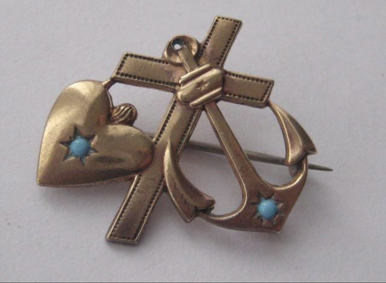 Victorian Faith, Hope & Charity 2 Turquoise Art Glass Beads Rolled Gold Brooch