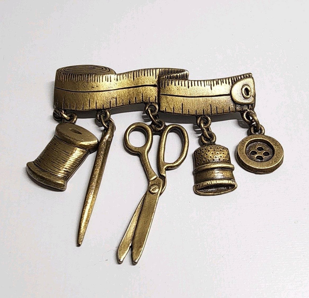 Vintage JJ Jonette Sewing Brooch Thimble Scissors Tape Measure Gold Tone