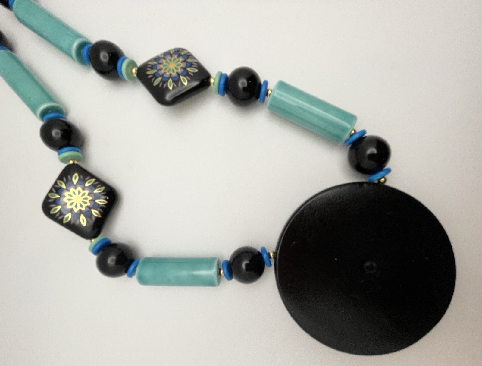 Boho Vintage Flower Japan Necklace Ceramic Wood Acrylic Gold Tone Clasp