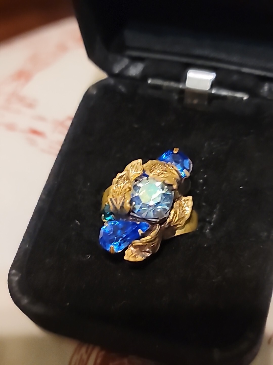 Jewelry Ring Czechoslavacia Glass Gold Wash Brass Hand Crafted Antique 3/4″