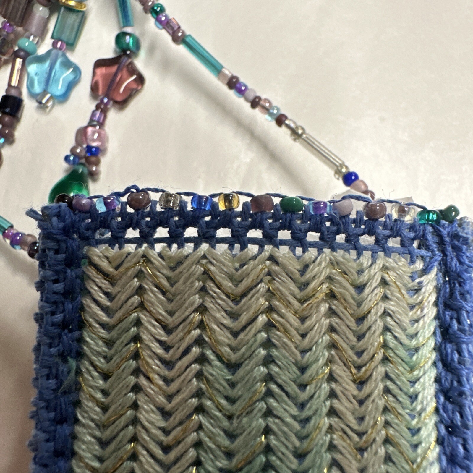 Vintage Handmade Blue Seed Bead Purse Necklace With Beaded Fringe-Bo Ho-Hippie