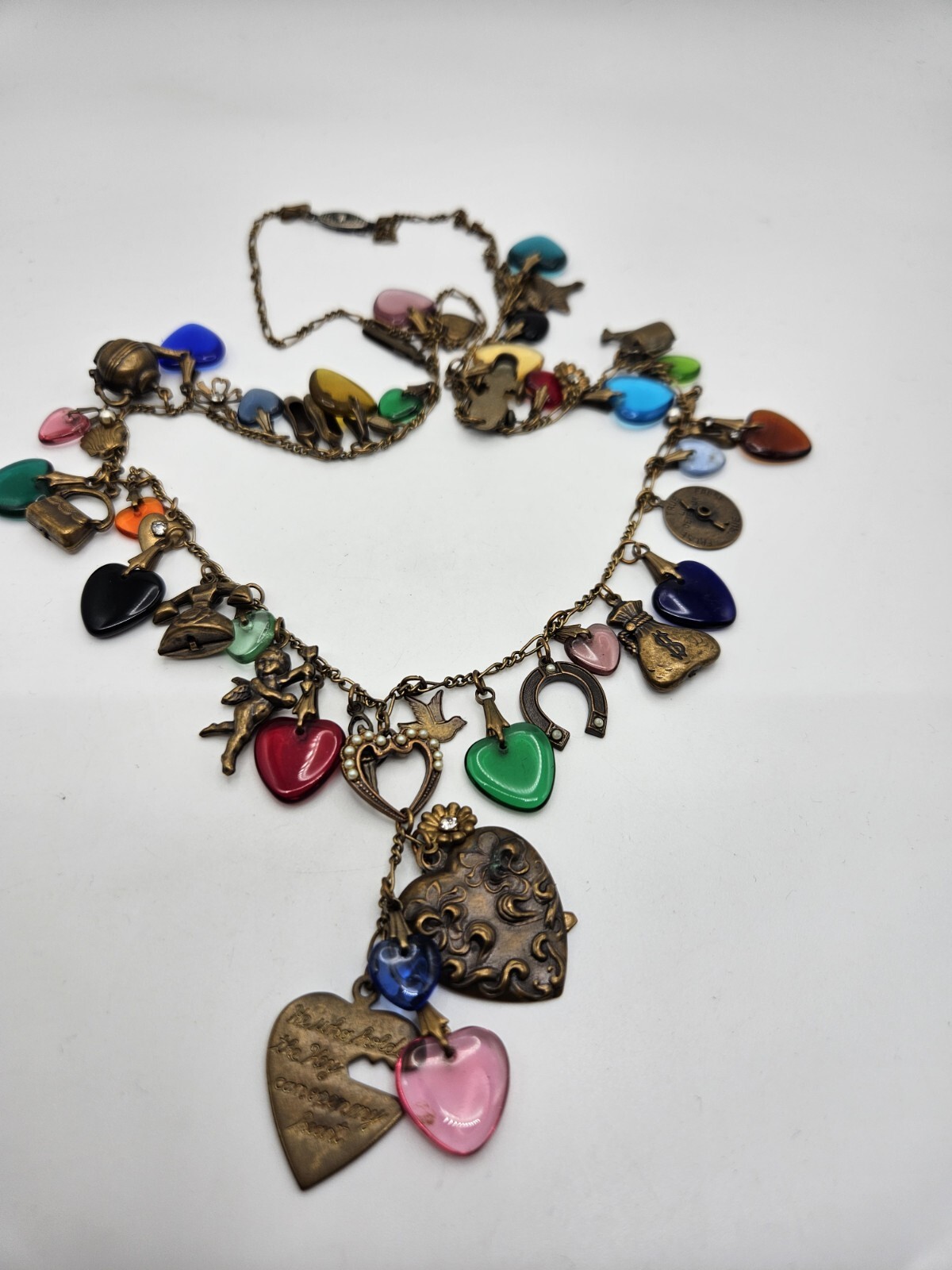 Glass Works Studio Brass Tone Multicolor Glass Dangle Hearts Charm Necklace