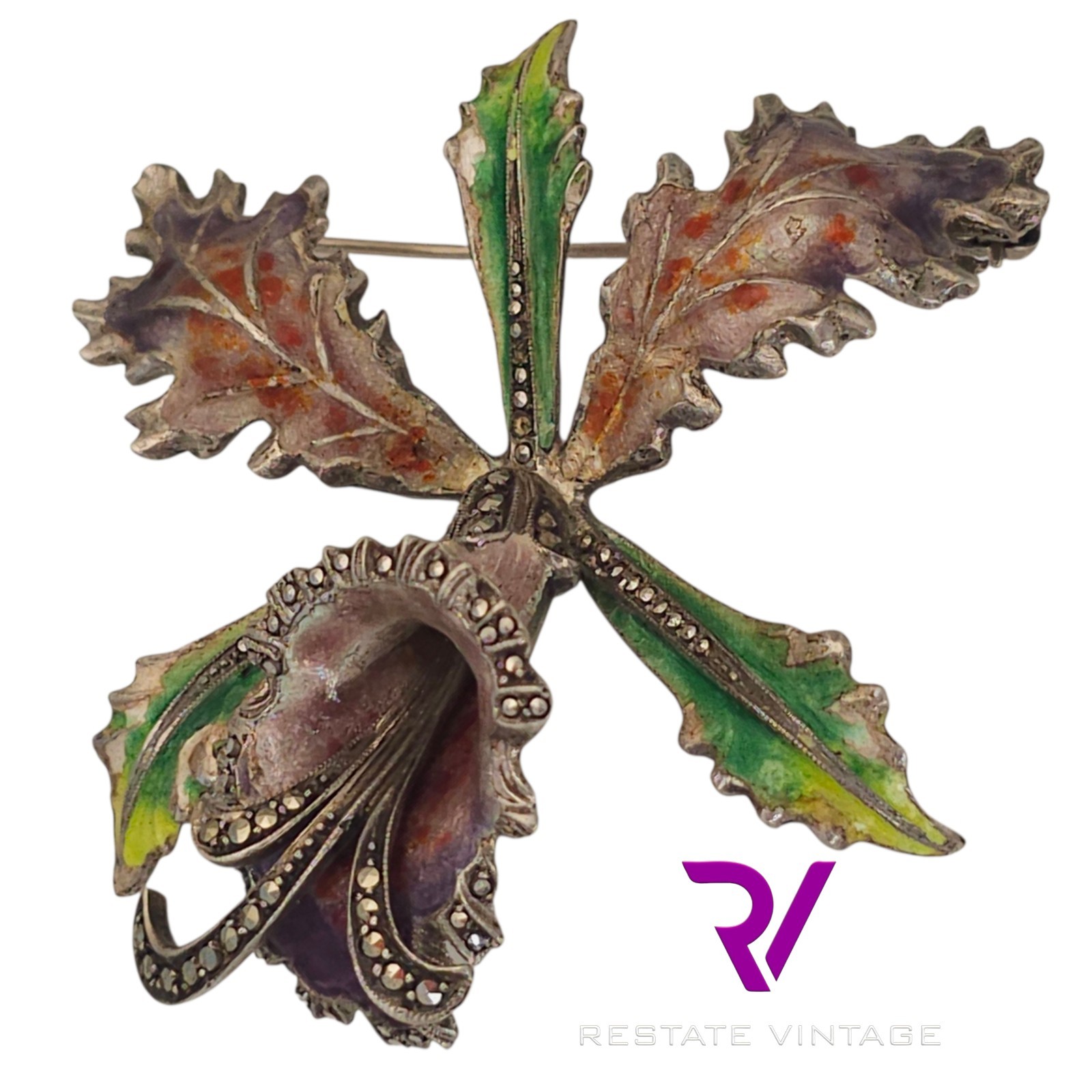 Vintage Orchid Germany Sterling 3d Intricate Enamel Marcasite Flower Brooch 2.25