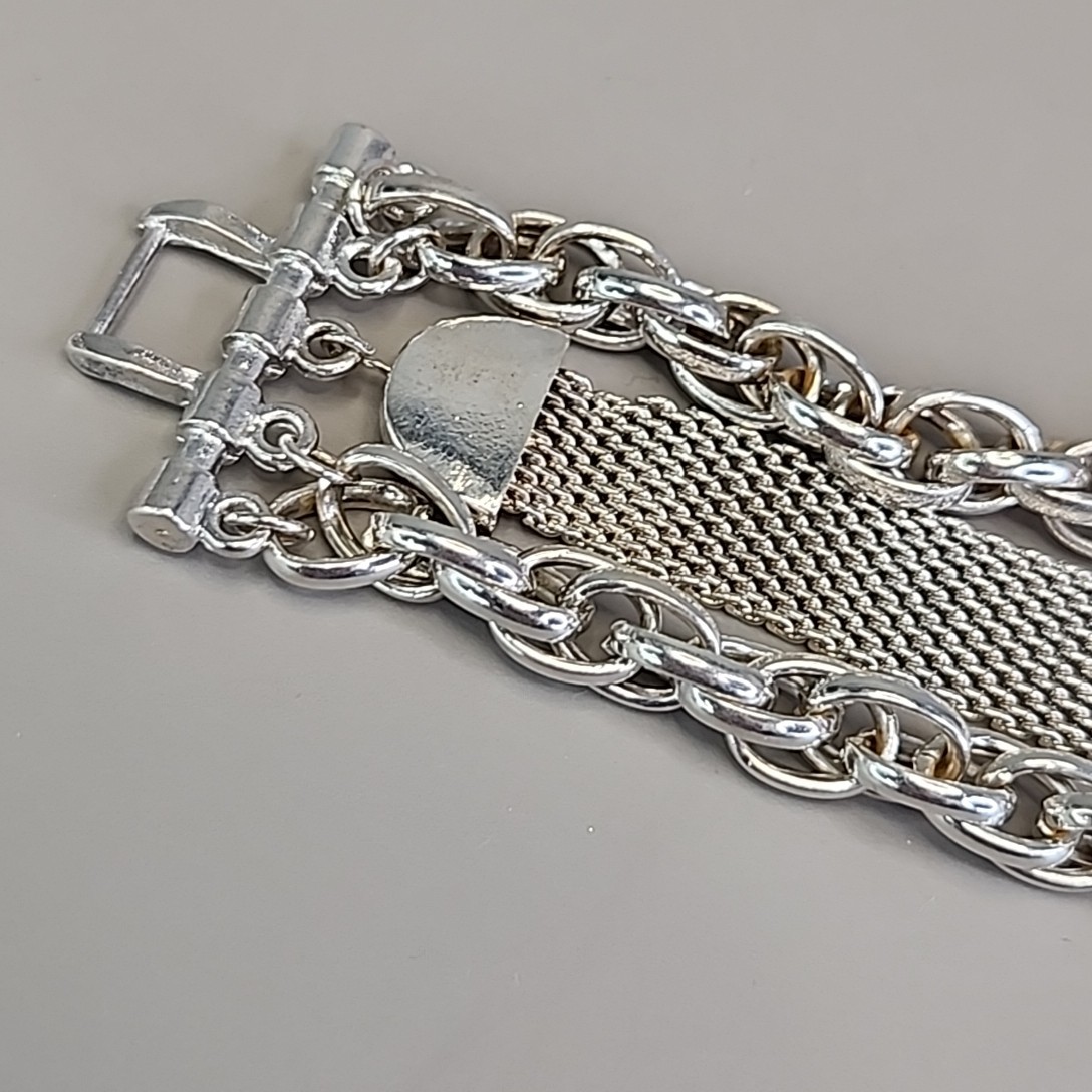 Vintage Mesh Chain Bracelet Silver Tone Layered 6.5″