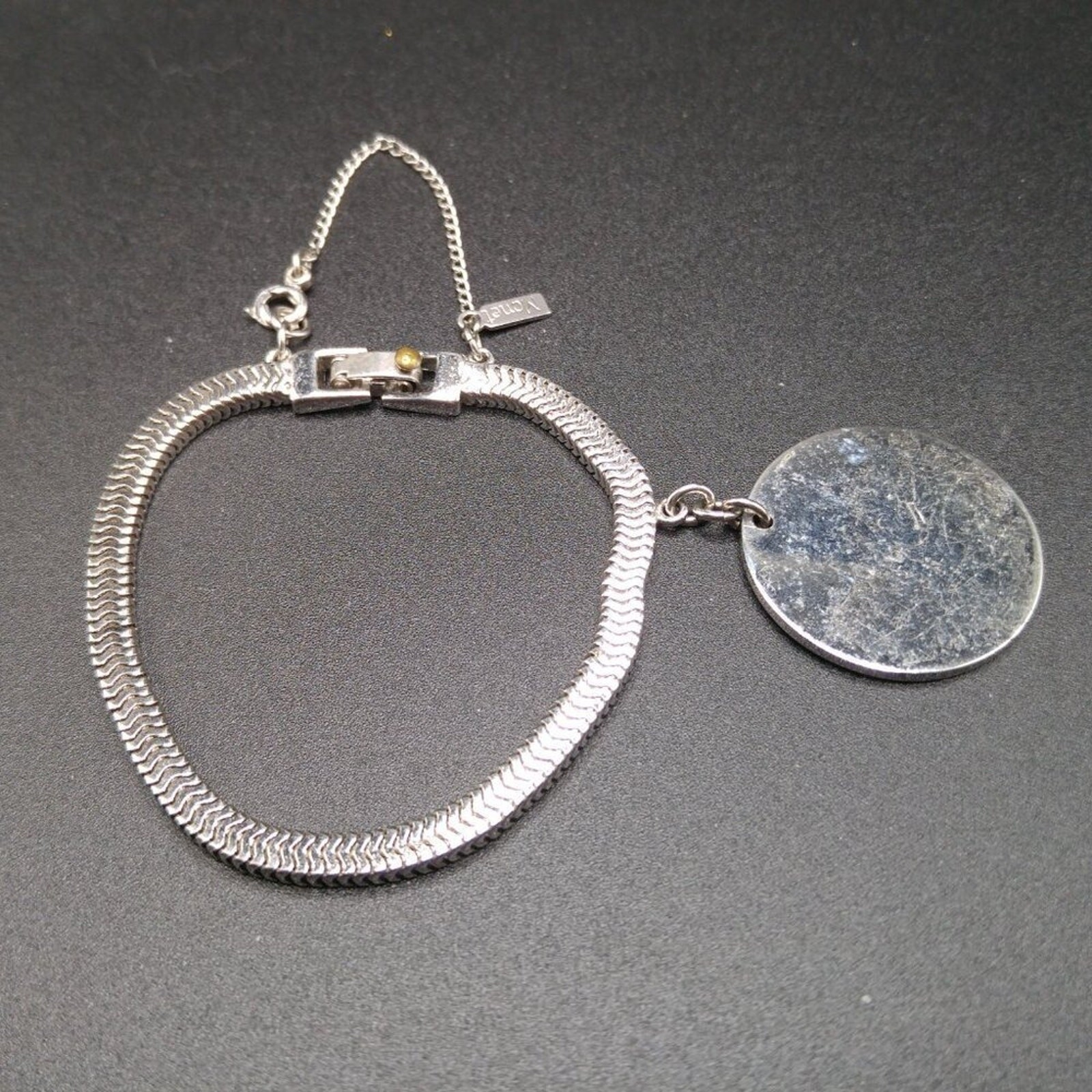 Vintage Monet Snake Chain Bracelet Engravable Disk Rhodium Sister Clasp