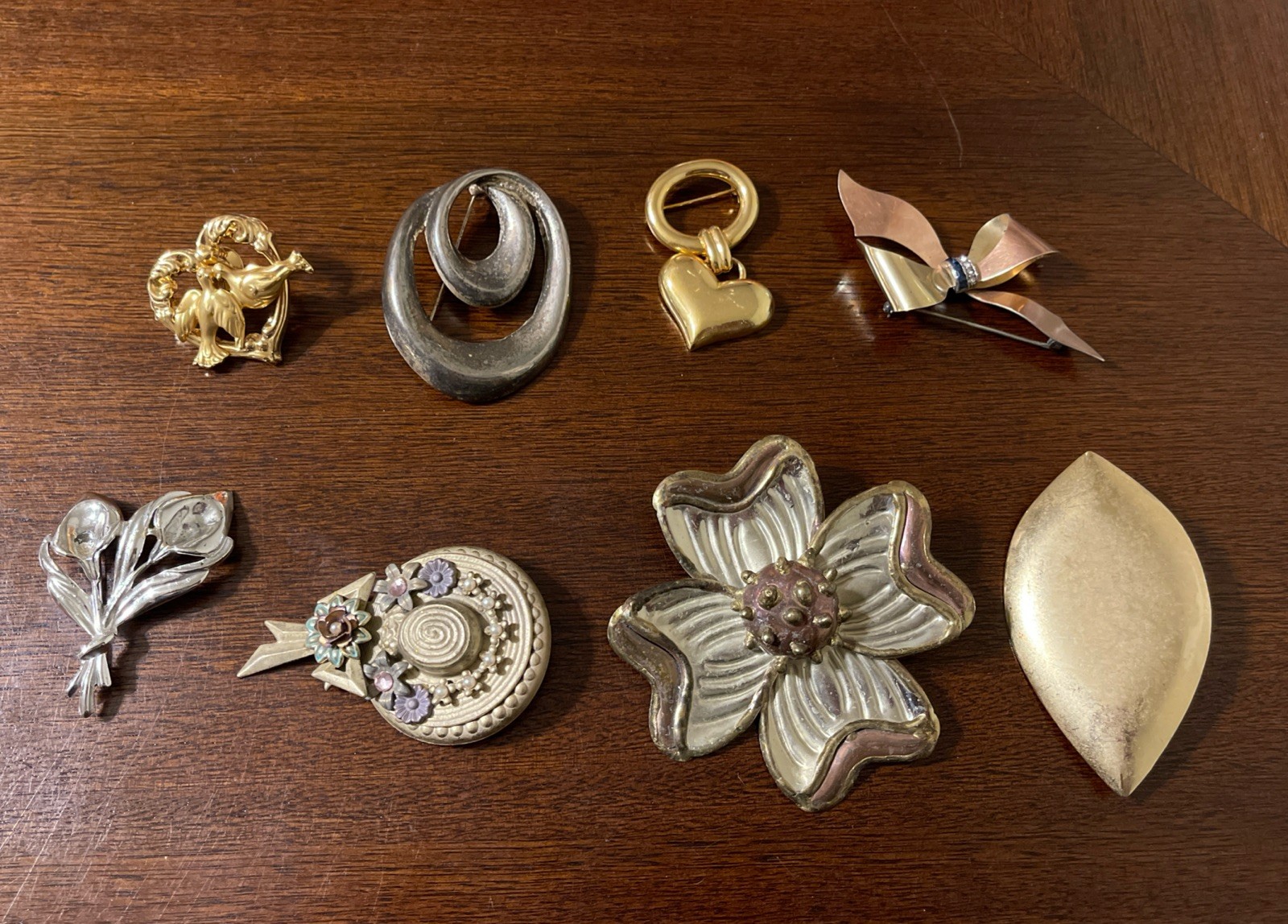 Vintage Gold Silver Tone Brooches & Pins Lot Of 8 Hammered Metal Hearts Flowers