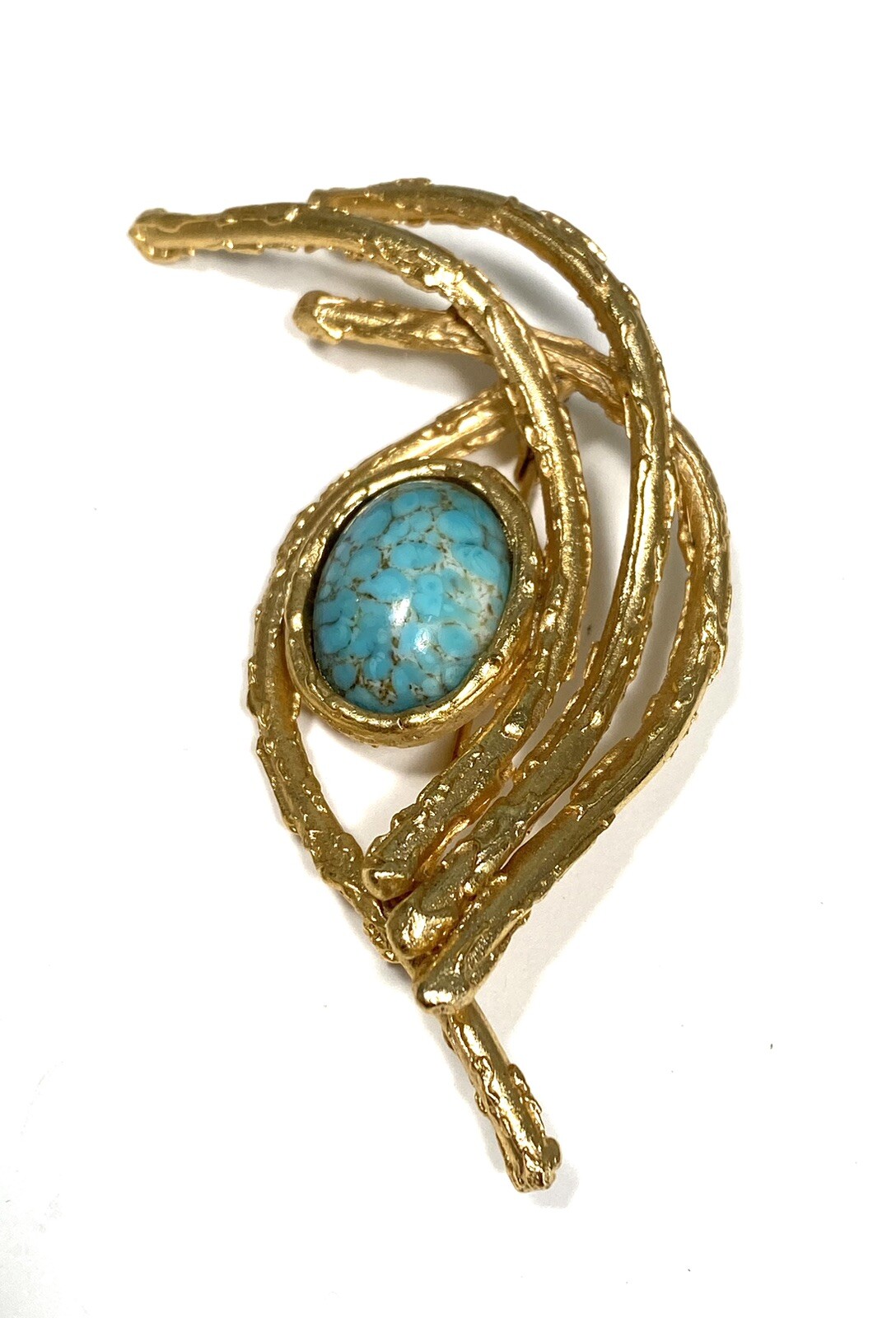 Orena Paris Brooch Glass Blue Abstract Gold Tone Vintage Estate