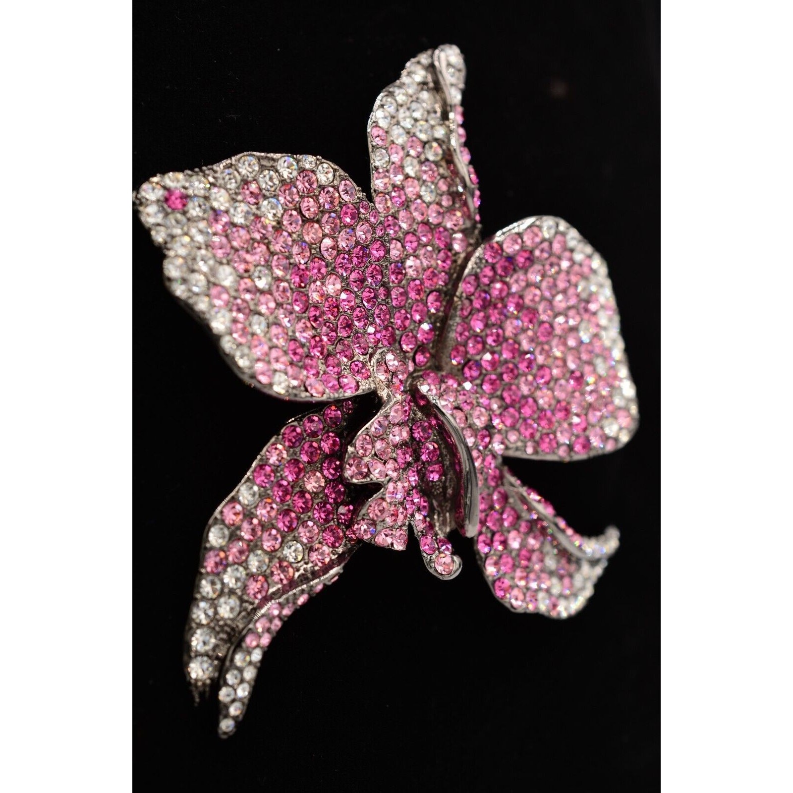 PJM Crystal Flower Brooch Pin 4″ Rhinestone Pink Gunmetal Vintage Signed BinV