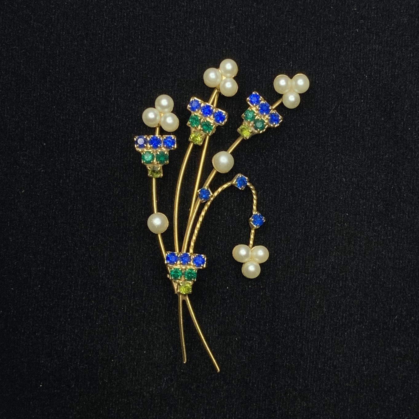 Vintage Blue & Green Rhinestone Faux Pearl Flower Bouquet Brooch Gold Tone