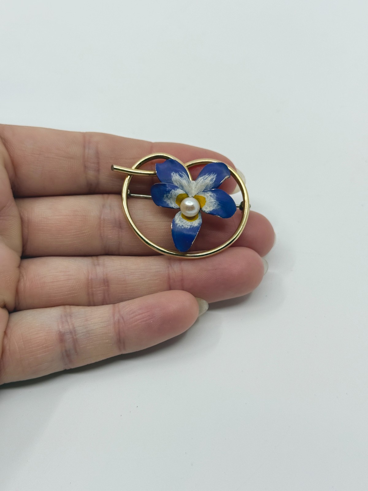 Vtg Krementz Violet Pansy Flower Enamel Saltwater Akoya Pearl Gold Filled Brooch