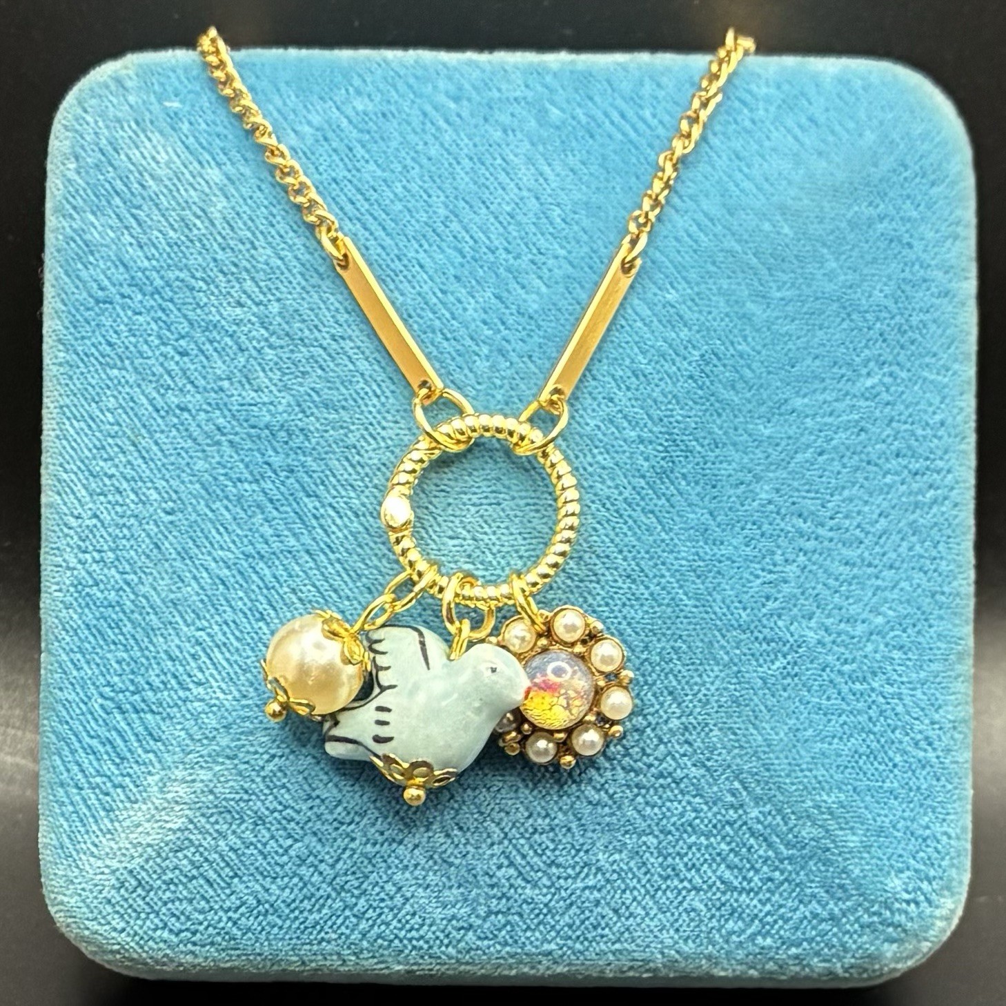 Dainty Vintage Charm Trio, Vtg Gold Plated Chain Necklace, Faux Opal, Bird +