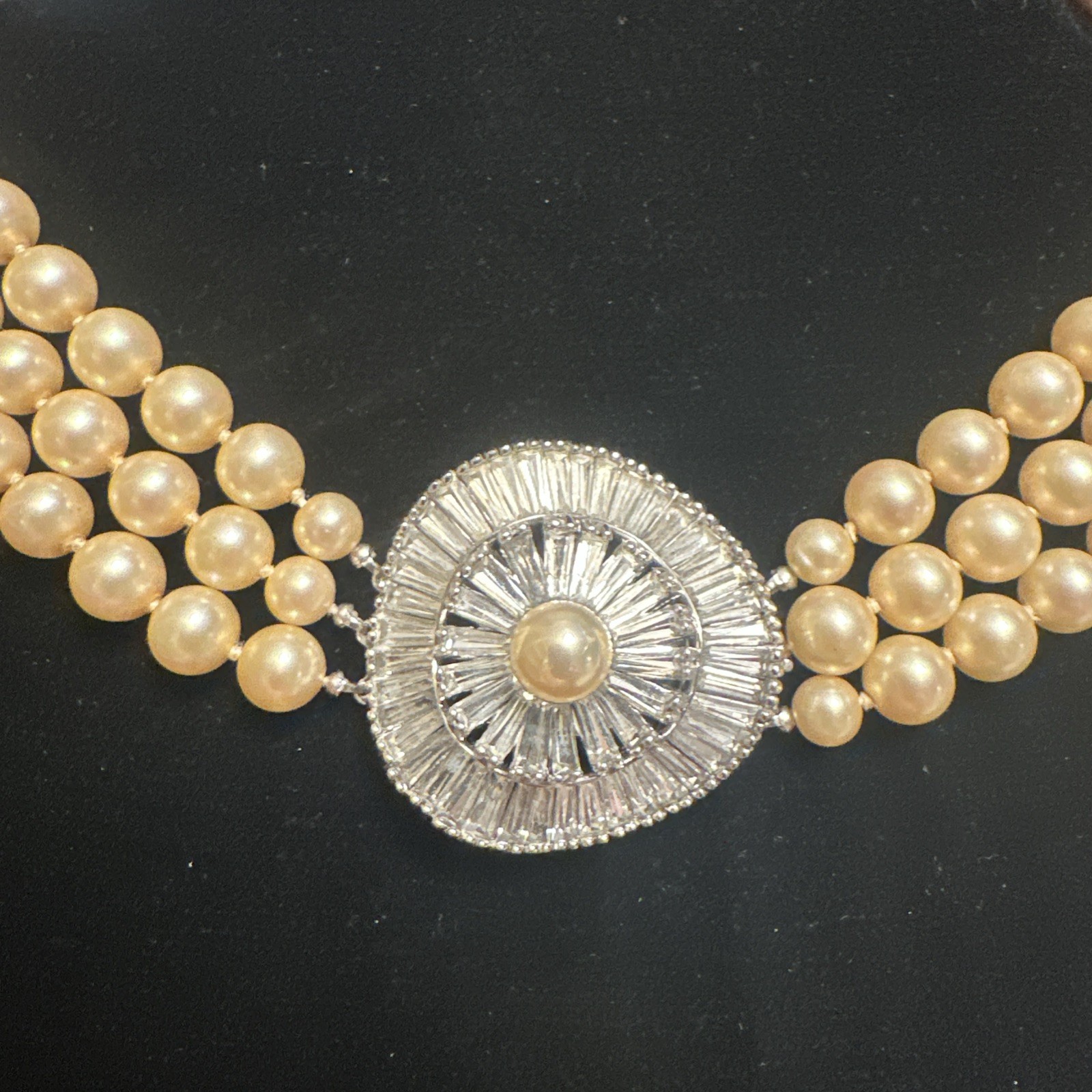 Vtg Signed JOMAZ Triple Strand Faux Pearl Rhinestone Baguette Clasp Choker