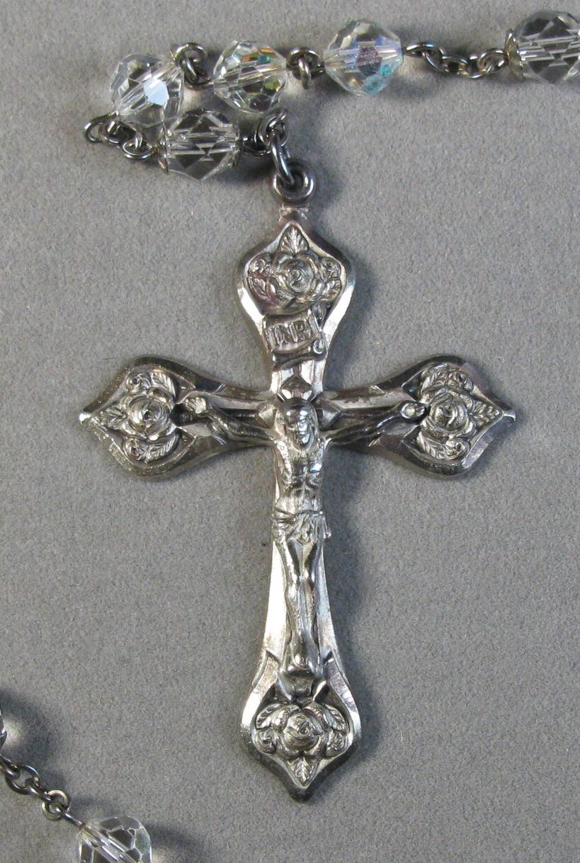 Antique Sterling Silver Crucifix 5 Decade Crystal Rosary 30″ 47.1g #J4781