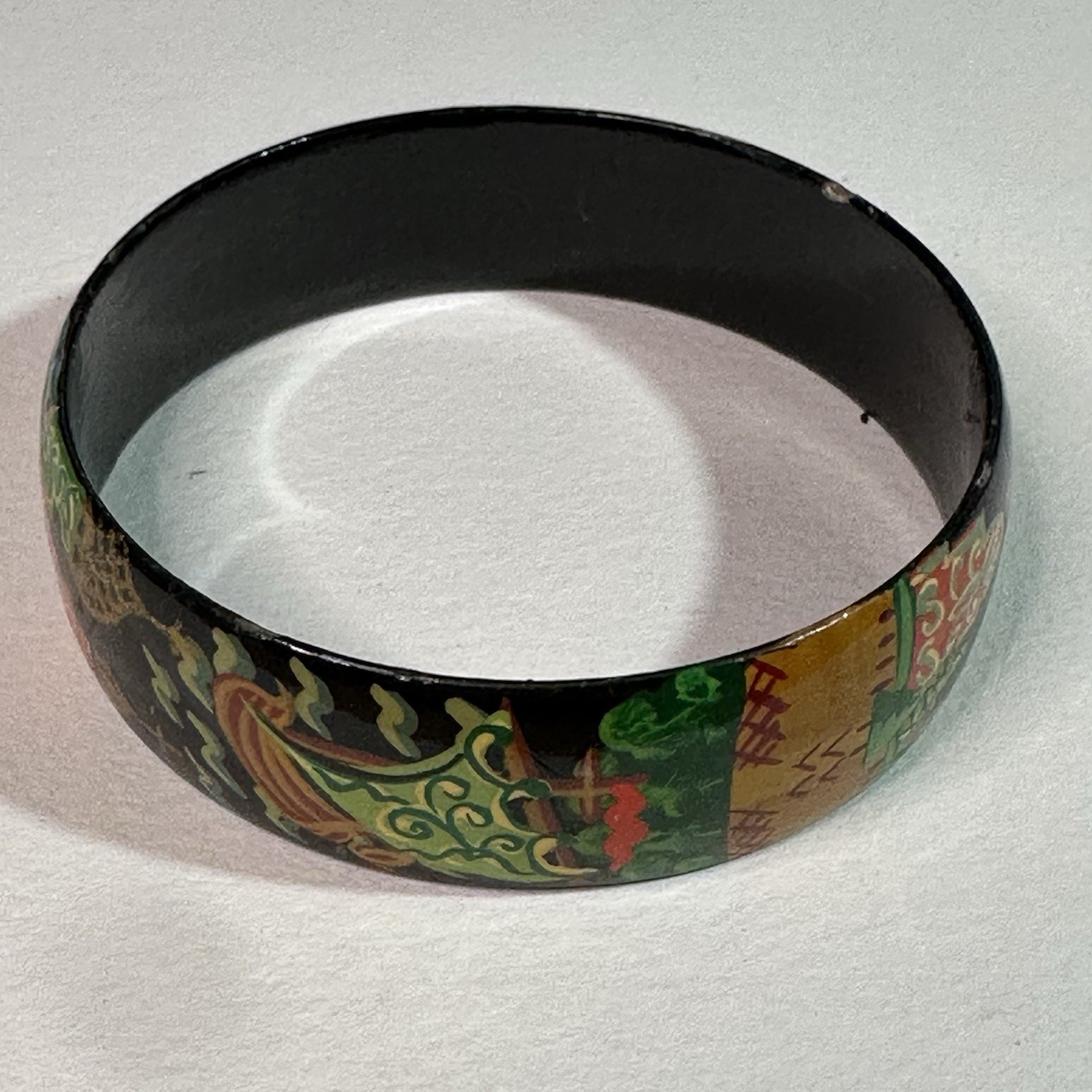 Vintage Hand Painted Russian Lacquer Bangle Bracelet Buildings