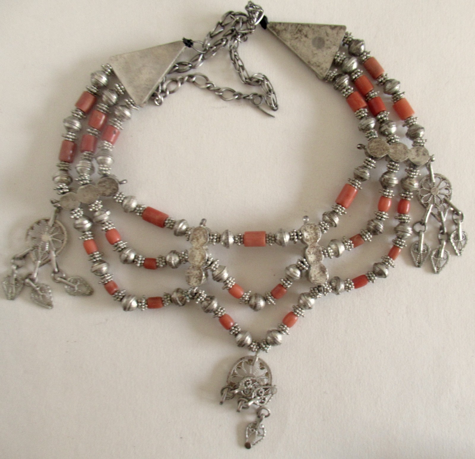 HUGE STATEMENT STERLING FESTOON NECKLACE w CORAL, 19 INCHES, 88 GRAMS, YEMENITE?