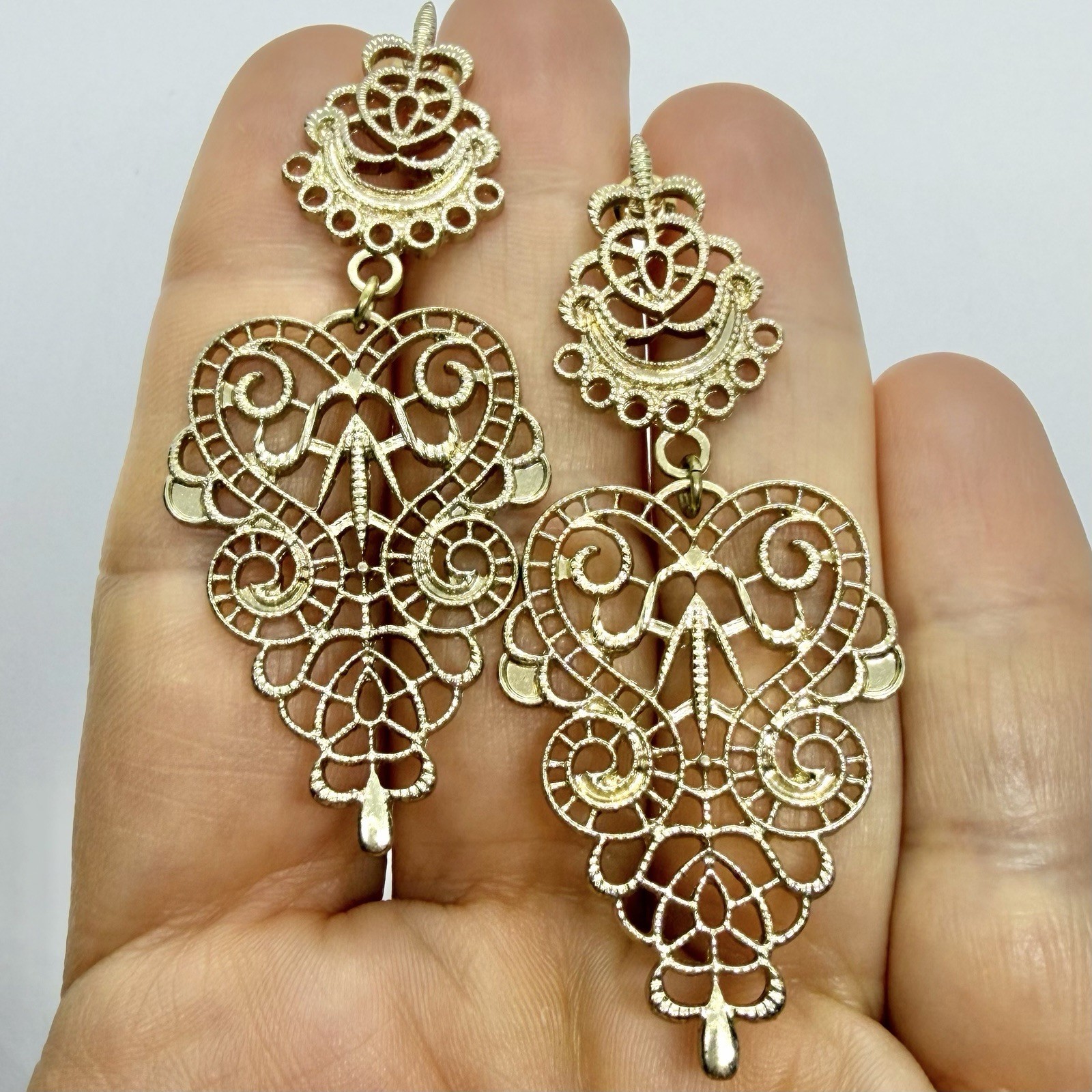 Vtg Large Victorian Revival Goldtone Drop Statement Earrings Post Dangle
