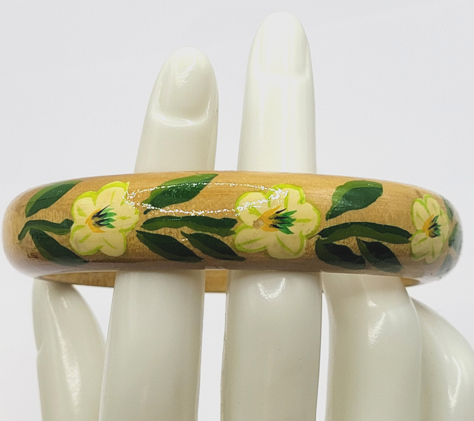 Wood Bangle Hand Painted Cream Flowers Green Leaves Lacquered Bangle Bracelet