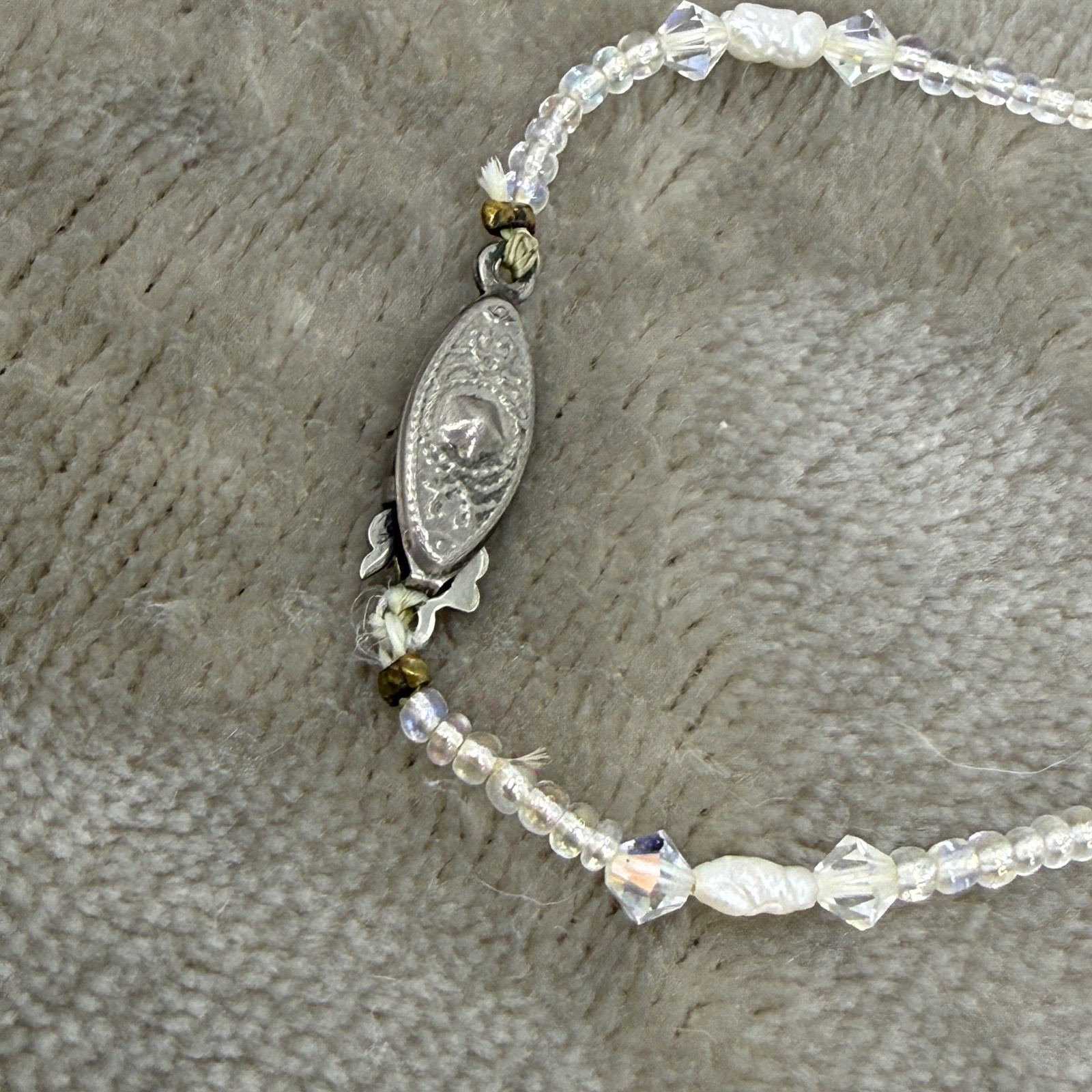 Vintage Frosted Glass AB Crystal Pearl Beaded Necklace Filigree Clasp Iridescent