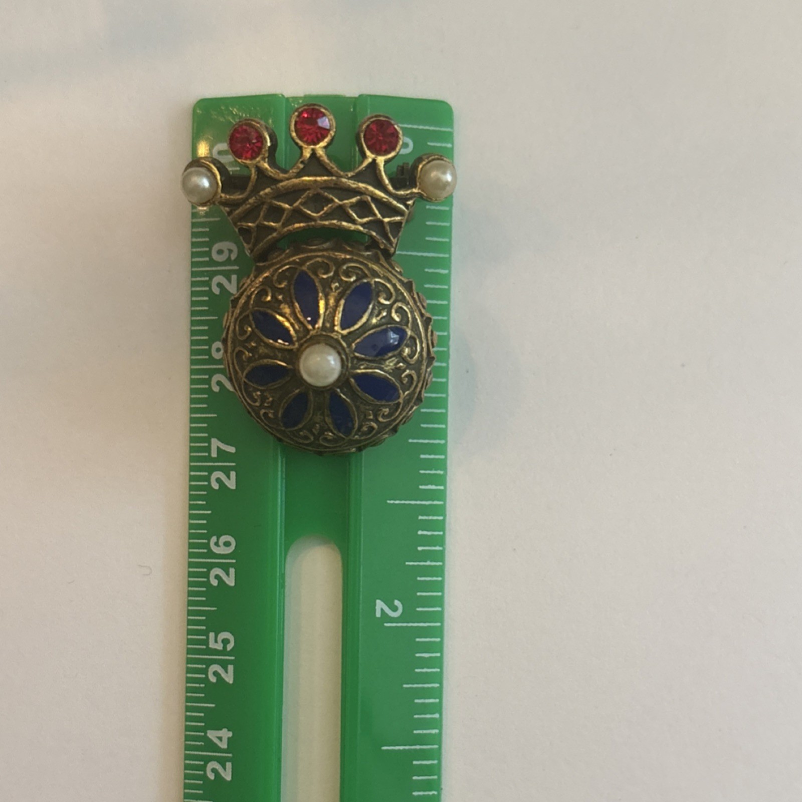 Vintage Crown Brooch with Pearl, Enamel & Gold Blue Red White Signed “Coro”
