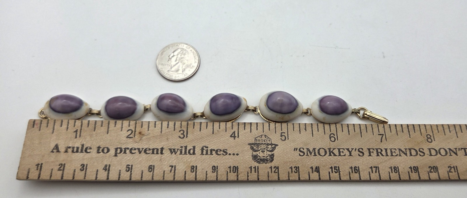 Vintage White Purple Top Cowrie Shell Gold Tone Seashell Bracelet Eyes Unique