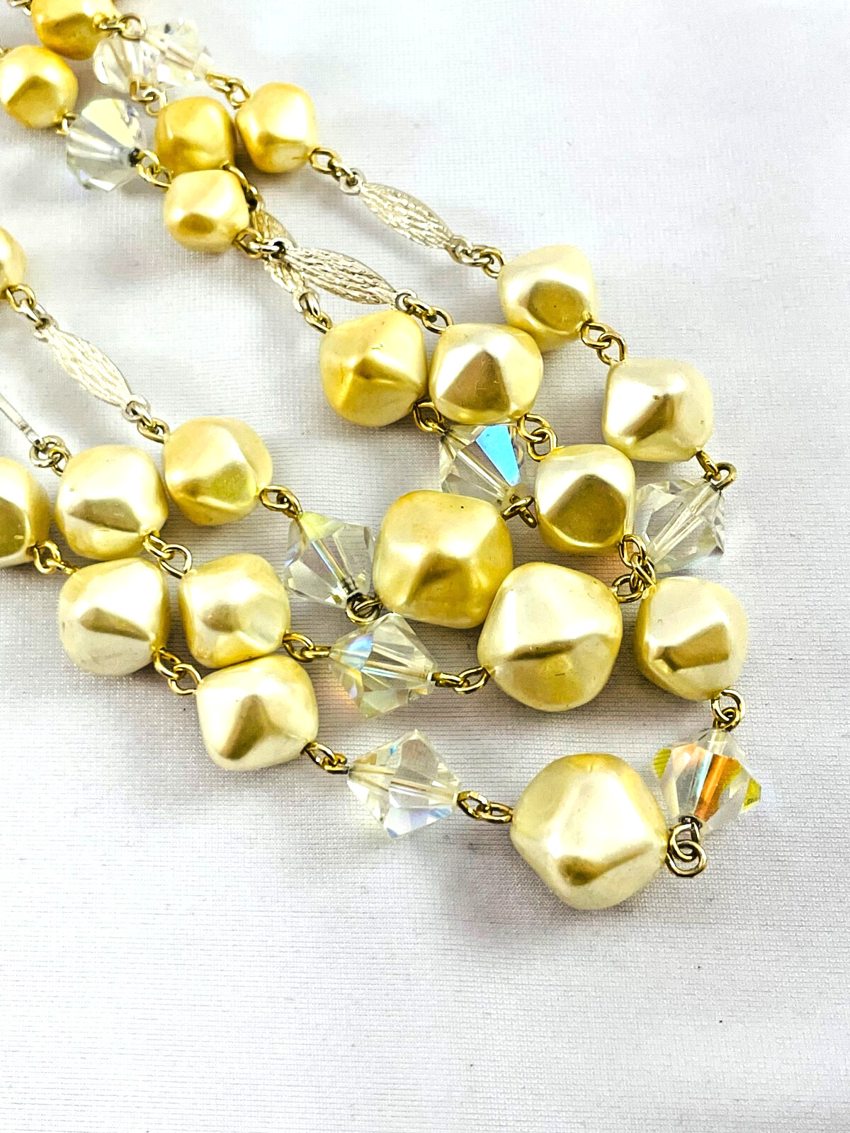 Vtg Multi Strand Faux Pearl Bicone Crystal Silver Tone Necklace Japan