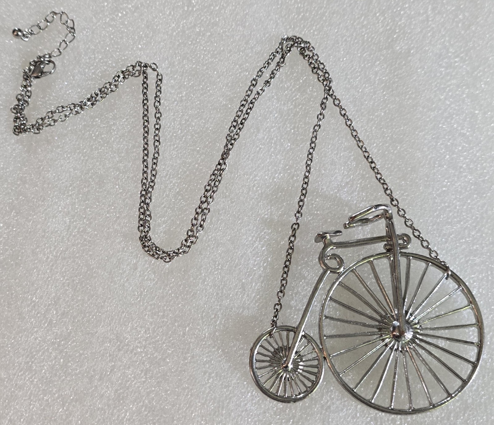 Vintage Old Fashioned Velocipede Bicycle Bike Silver Tone Pendant Necklace