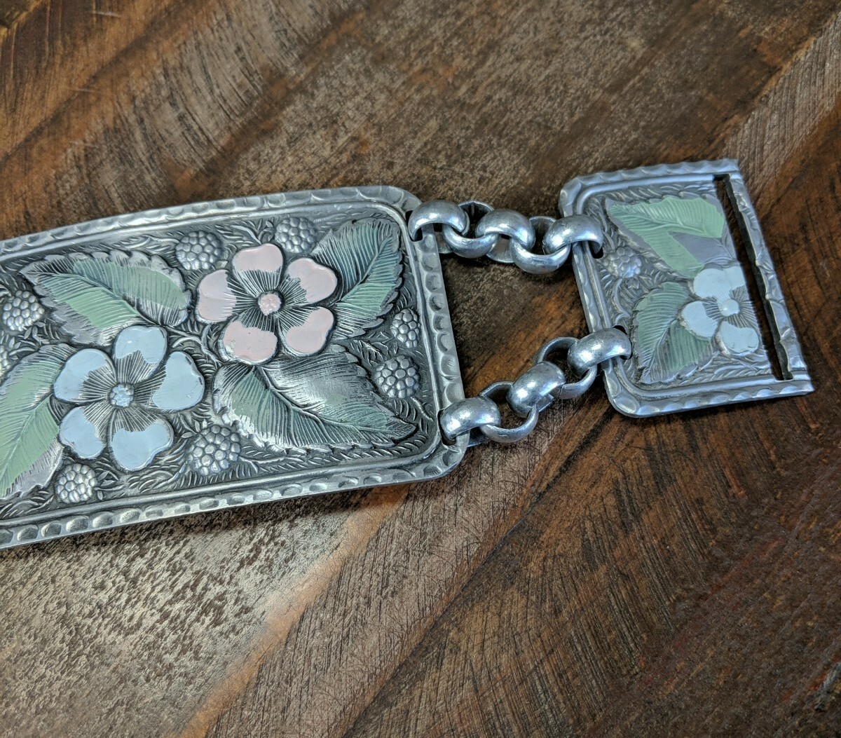 1940s Hammered Aluminum Arts&Crafts Belt Extension? Dogwood Raspberries Enamaled