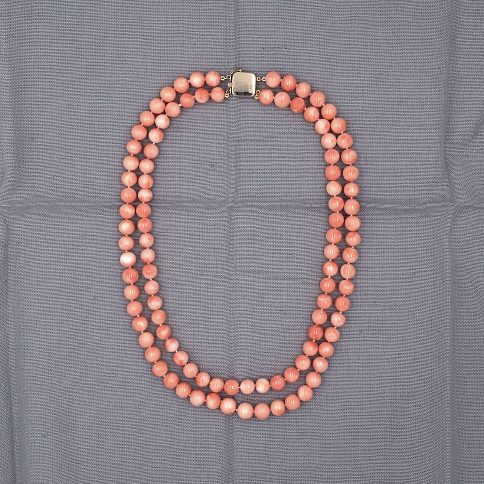 Genuine Coral Bead Double Strand Necklace 7-8mm Beads w/ 14k Gold Clasp (#J6980)